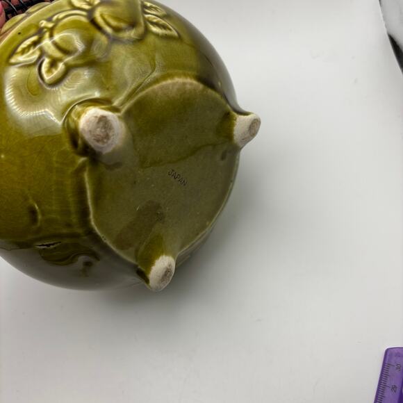 Vintage Japan Olive Green Embossed Fruit Footed Teapot  Decor with Wire Handle - Picture 5 of 5